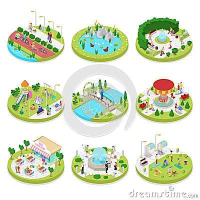 Isometric City Park Composition with Walking People. Outdoor Activity. Family on the Walk Vector Illustration