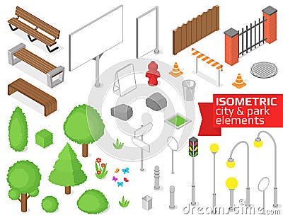 Isometric city and park elements set. Vector Illustration