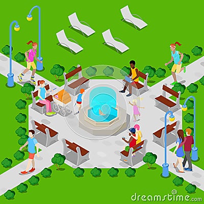 Isometric City Park with Fountain. Active People Walking in Park. Vector Vector Illustration