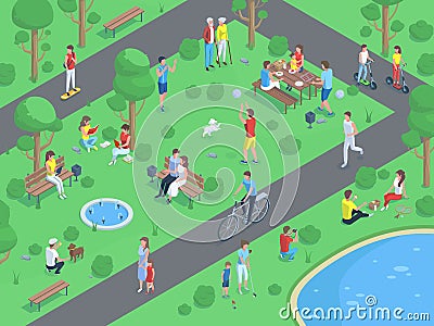 Isometric city park landscape with people doing outdoor activities. Public park summer active recreations vector Vector Illustration