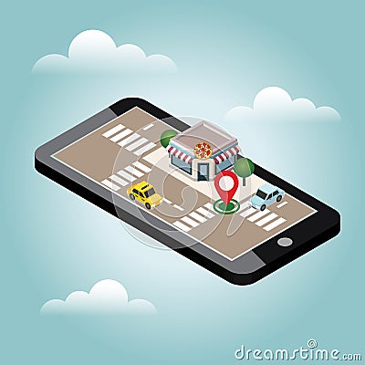Isometric city. Pizzeria. Food delivering. Mobile searching. Geo tracking. Map Vector Illustration