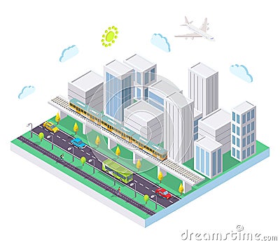 Isometric city with public transport, flat vector illustration. Taxi car, bus, rapid transit metro train. Cartoon Illustration