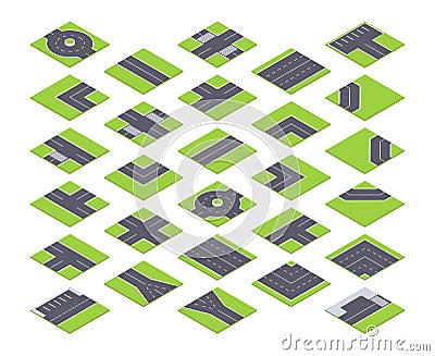Isometric city roads constructor. Urban asphalt road tiles, street roads and crossroads, twists and traffic circles 3d vector Vector Illustration