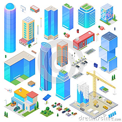 Isometric city scene generator creator vector design objects illustration. Skyscrapers buildings construction cars vehicles street Vector Illustration