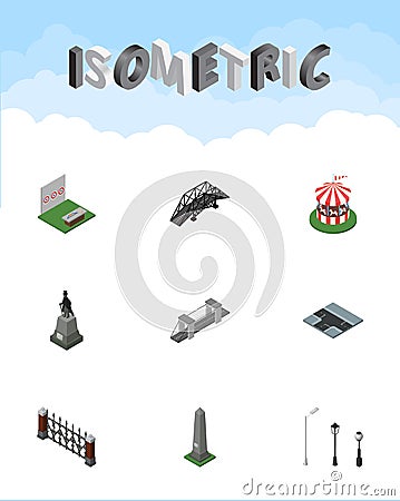 Isometric City Set Of Street Lanterns, Expressway, Dc Memorial And Other Vector Objects. Also Includes Archery, Hedge Vector Illustration