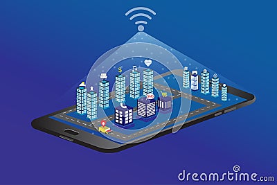 Isometric city with smart phone 5G Vector Illustration