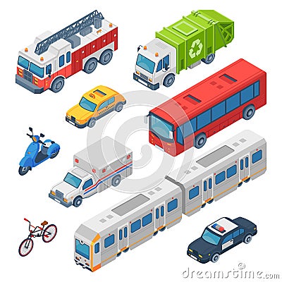 Isometric city transport. Ambulance, police car and fire engine. Subway train, town taxi and public bus. Traffic cars 3d Vector Illustration