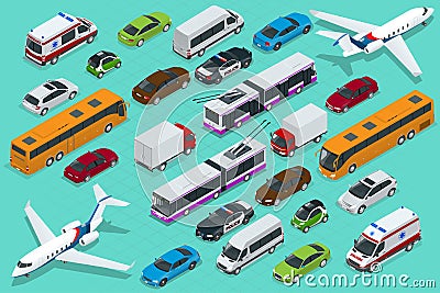 Isometric city transport with front and rear views. Trolley, plane, sedan, van, cargo truck, off-road, bike, mini and Vector Illustration