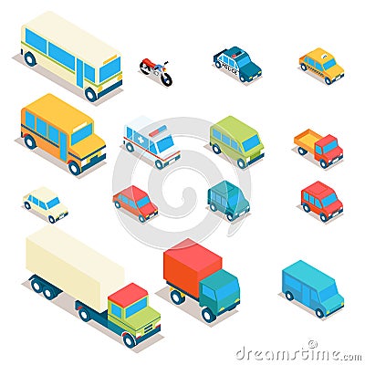 Isometric city transport and trucks vector icons Vector Illustration