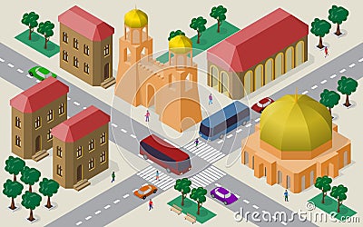 Isometric cityscape of buildings, streets, fortress gate with towers, roadway, cars, buses and people Vector Illustration