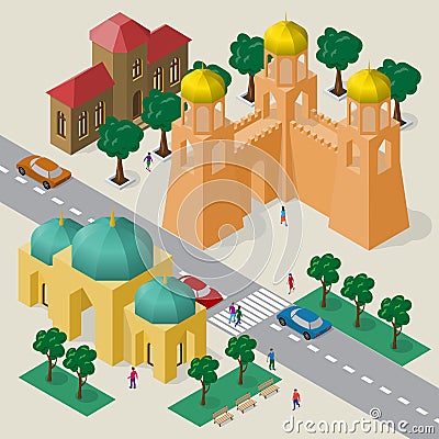 Isometric cityscape of buildings, temple, fortress wall with towers, roadway, cars and people Vector Illustration