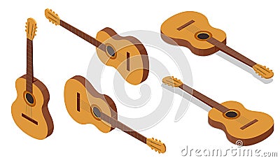 Isometric Classical Acoustic Six-String Guitar Isolated on White Background Vector Illustration