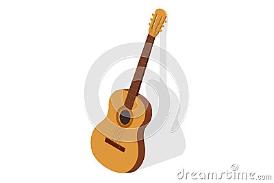 Isometric Classical Acoustic Six-String Guitar Isolated on White Background Vector Illustration