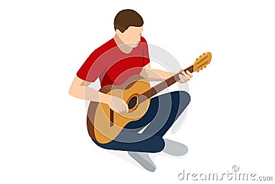 Isometric Classical Acoustic Six-String Guitar. Man sitting on the floor and playing the guitar Isolated on White Vector Illustration