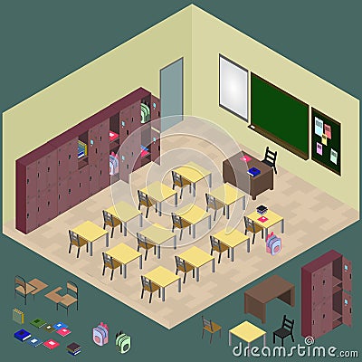 Isometric classroom with object: desk, blackboard, table, chair, Vector Illustration