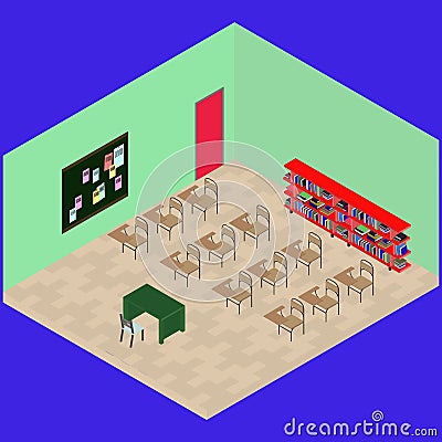 Isometric classroom with object: desk, book shelfs, table, chair, note board Vector Illustration