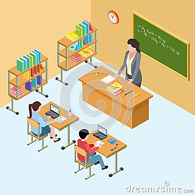 Isometric classroom with teacher and kids. High school vector illustration Vector Illustration