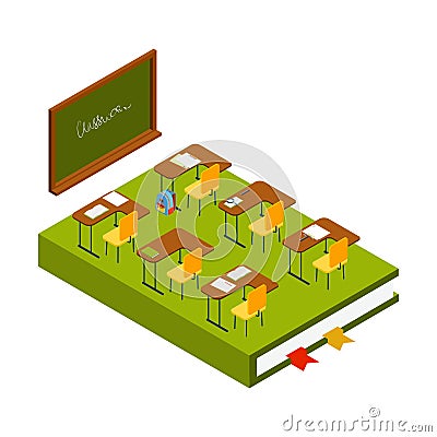 Isometric classroom vector. School room with chalkboard, class desks and chairs 3D illustration Vector Illustration