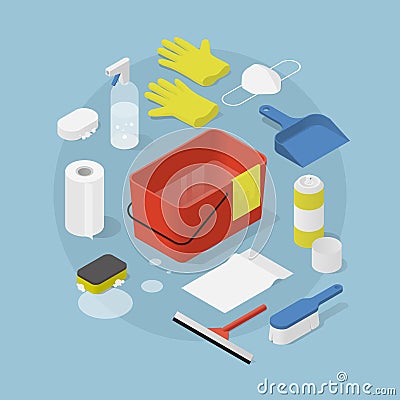 Isometric Cleaning Objects Illustration Vector Illustration