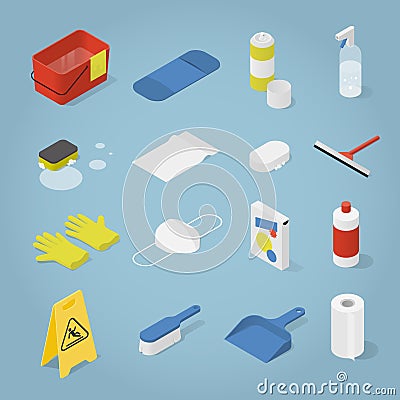 Isometric Cleaning Objects Set Vector Illustration