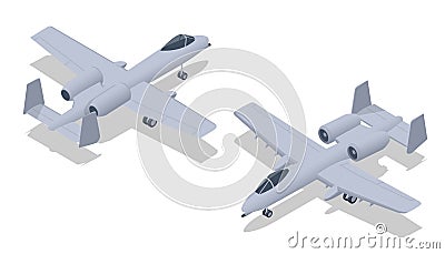 Isometric Close air support attack aircraft Fairchild Republic A-10 Thunderbolt II. Single-seat, twin-turbofan, straight Vector Illustration