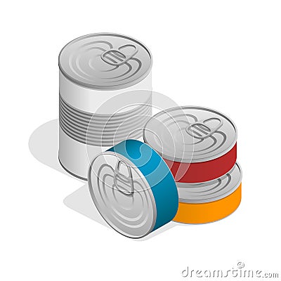 Isometric closed food tin cans with blank label on white Vector Illustration