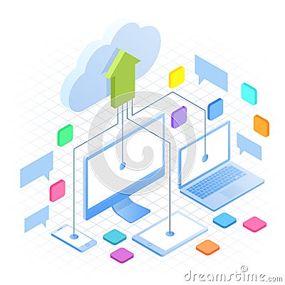 Isometric Cloud Computing Concept in outline isolated on white. Cloud computing services and technology, data storage Vector Illustration