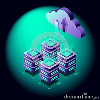 Isometric Cloud computing technology on bright background Vector Illustration