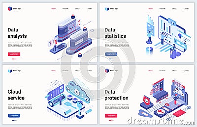 Isometric cloud data center vector illustration, cartoon 3d internet database service for analysis, protection or Vector Illustration