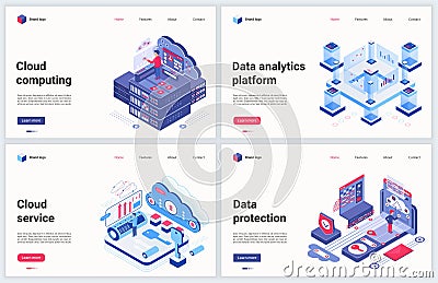 Isometric cloud data service vector illustration, cartoon 3d modern cloud datacenter platform storage, futuristic Vector Illustration