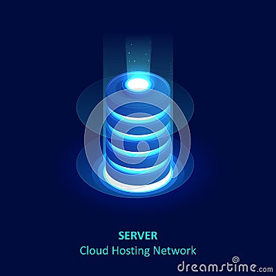 Isometric cloud server isolated on blue. Data center storage room objects. Network server room Vector Illustration