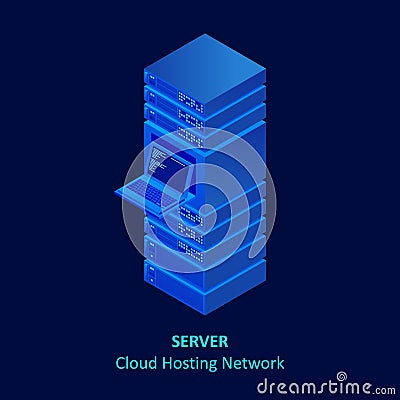 Isometric cloud server isolated on blue. Data center storage room objects. Network server room Vector Illustration