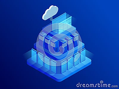 Isometric cloud technologies networking concept. Web cloud technology business. Internet data services. Computing online Vector Illustration