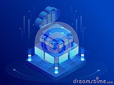 Isometric cloud technologies networking concept. Web cloud technology business. Internet data services. Computing online Vector Illustration