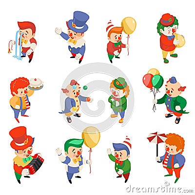 Isometric clowns characters circus party fun carnival funny icons set isolated flat 3d design vector illustration Vector Illustration