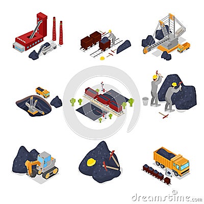 Isometric Coal Industry with Workers in Mine with Excavator, Miner and Equipment Vector Illustration