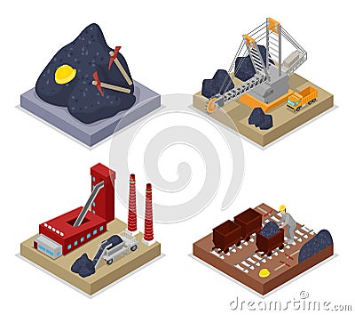 Isometric Coal Industry. Workers in Mine, Truck and Excavator Vector Illustration