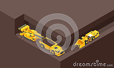 Isometric coal mining machine. Underground truck is a 20 metric tonne underground truck for small to medium-scale Vector Illustration