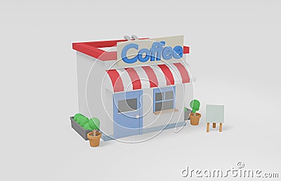 Isometric coffee shop and store low poly ,building flowerpot and board landscape geometric scene on white background cute shopping Cartoon Illustration