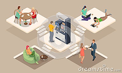Isometric coffee time concept. Self-service coffee machines offer consistent quality coffee. Vending machine with coffee Vector Illustration