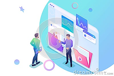 Isometric collecting and sending data for the report, young entrepreneurs discuss the data on the screen. Concept for web design Vector Illustration