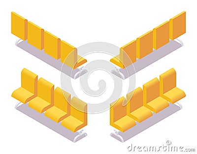 Isometric collection of yellow tribune sits in various foreshortening views isolated on white with shadows Stock Photo