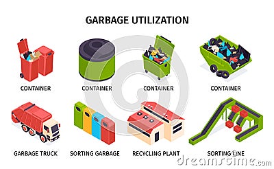 Isometric Colored Garbage Recycling Icon Set Vector Illustration