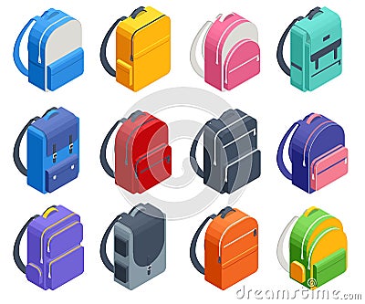 Isometric Colored school backpack isolated on white. Backpacks for schoolchildren, students. Education and study back to Vector Illustration