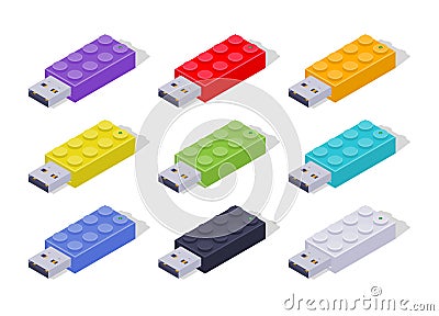 Isometric colored USB flash-drives in a shape of Vector Illustration