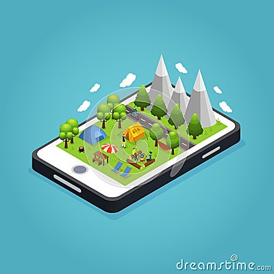 Isometric Colorful Camping Mobile Concept Vector Illustration