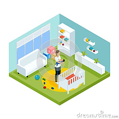 Isometric Colorful Children Care Template Vector Illustration