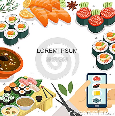 Isometric Colorful Japanese Food Concept Vector Illustration