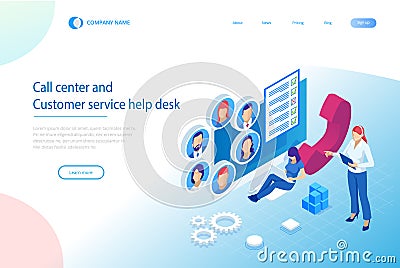 Isometric Communication support phone operator, Call center and Customer service help desk. Service desk consultant Vector Illustration