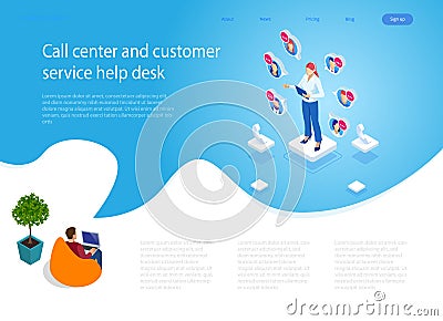 Isometric Communication support phone operator, Call center and Customer service help desk. Service desk consultant Vector Illustration